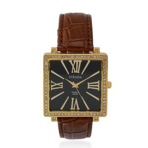 STRADA Watch Austrian Crystal Faux Band Brown